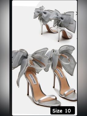 Steve Madden Benni Women’s Silver Bow AnkleStrap Heels w/Crystal Trim Sz 10 NWOB